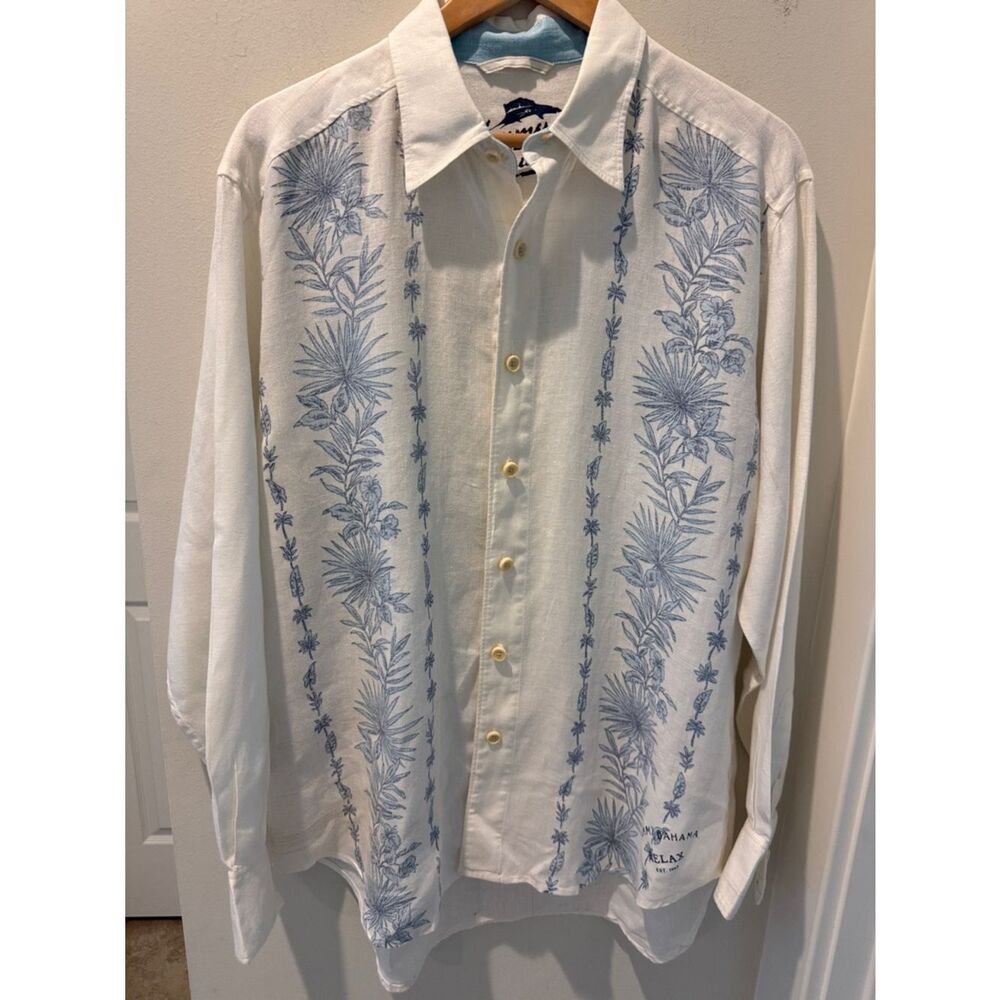 Tommy Bahama White Button-Down Shirt with Light Blue Tropical Stripes linen M